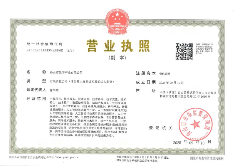 海投集團全資子公司舟山市數字產業有限公司注冊成立